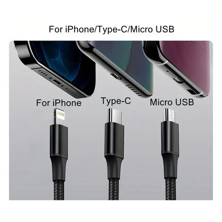 compatible with iPhone & Type-C & Micro Devices. One cable to meet with your different kinds of needs for charging cable at home/office/outdoors, portable and convenient.
