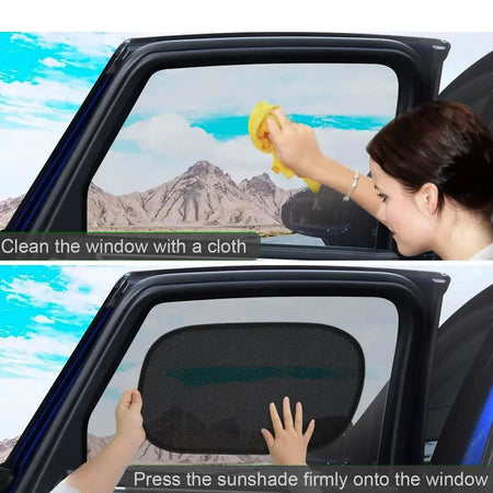 its the side windows of most vehicles. Simply unfold the car window shade and stick it directly onto the glass
