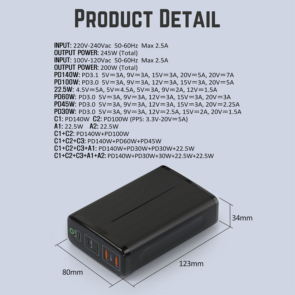 245W USB C GaN Charger Ubigbuy 140W 5-Port PD3.1 USB C Charging Station,Desktop USB C Laptop Charger Portable Travel USB C Power Adapter Block for MacBook Pro Air iPad Pro iPhone Samsung