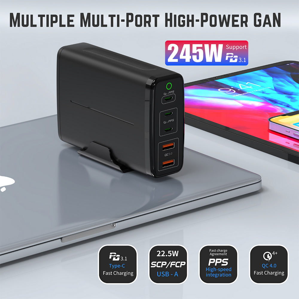 245W USB C GaN Charger Ubigbuy 140W 5-Port PD3.1 USB C Charging Station,Desktop USB C Laptop Charger Portable Travel USB C Power Adapter Block for MacBook Pro Air iPad Pro iPhone Samsung