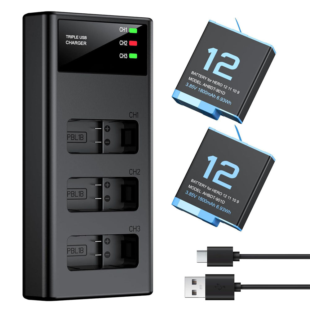 GoPro Hero 12 Hero 11 Hero 10 Hero 9 Black (2 Batteries with Fast Charge Hub Bundle) [4.4V] Compatible Action Camera Battery