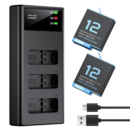 GoPro Hero 12 Hero 11 Hero 10 Hero 9 Black (2 Batteries with Fast Charge Hub Bundle) [4.4V] Compatible Action Camera Battery
