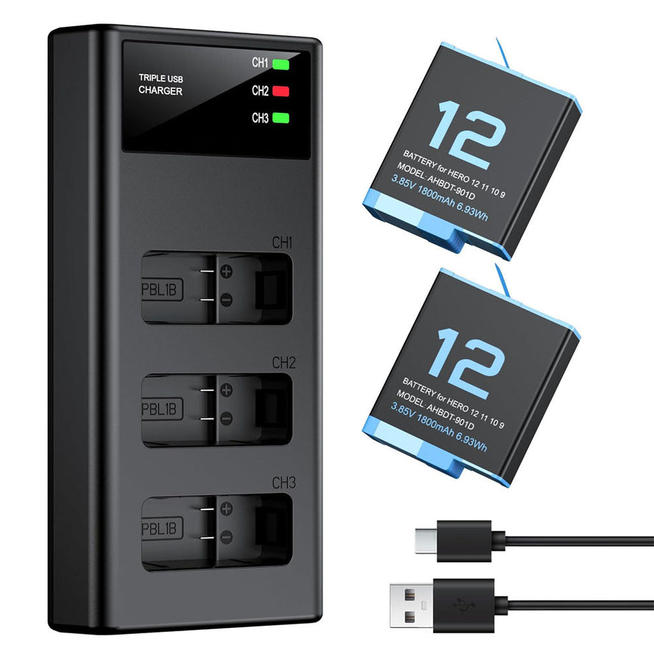 GoPro Hero 12 Hero 11 Hero 10 Hero 9 Black (2 Batteries with Fast Charge Hub Bundle) [4.4V] Compatible Action Camera Battery