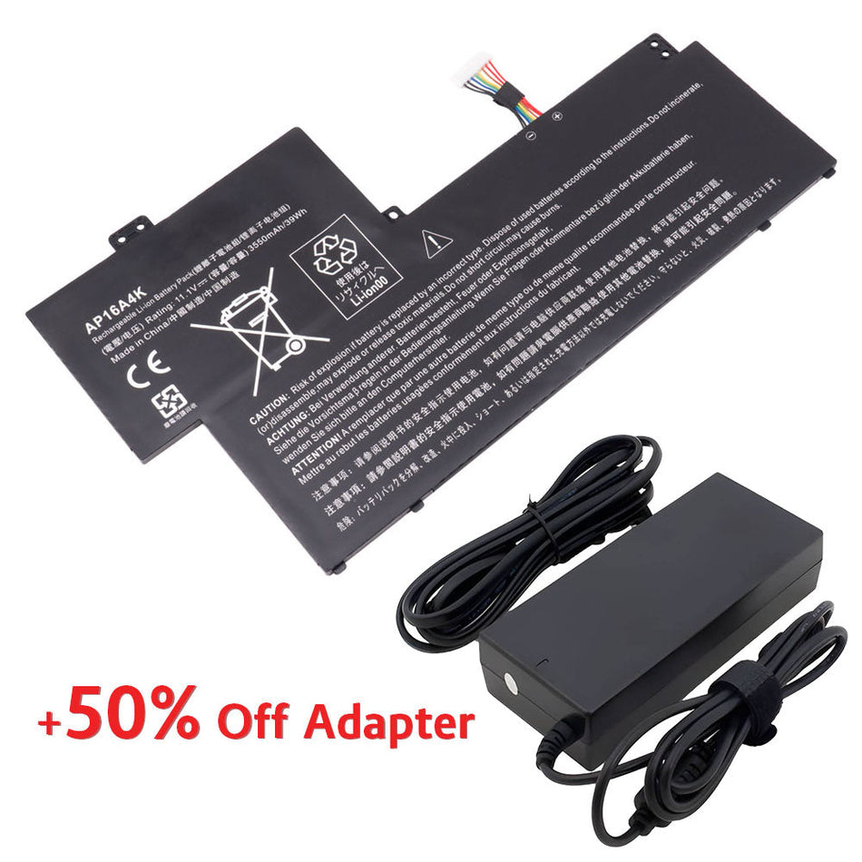 (Bundle with Adapter for 50% Off) Acer AP16A4K Swift 1 SF113-31-P5CK Aspire One Cloudbook 11 AO1-13 N16Q9 NE132 AO1-132 AO1-132-C3T3 AO1-132-C5MV AO1-132-C0QL SF131-P 5CK SF11 3-31-P14U SF113-31-P13P KT.00304.003 [11.1V/11.25V] Compatible Battery