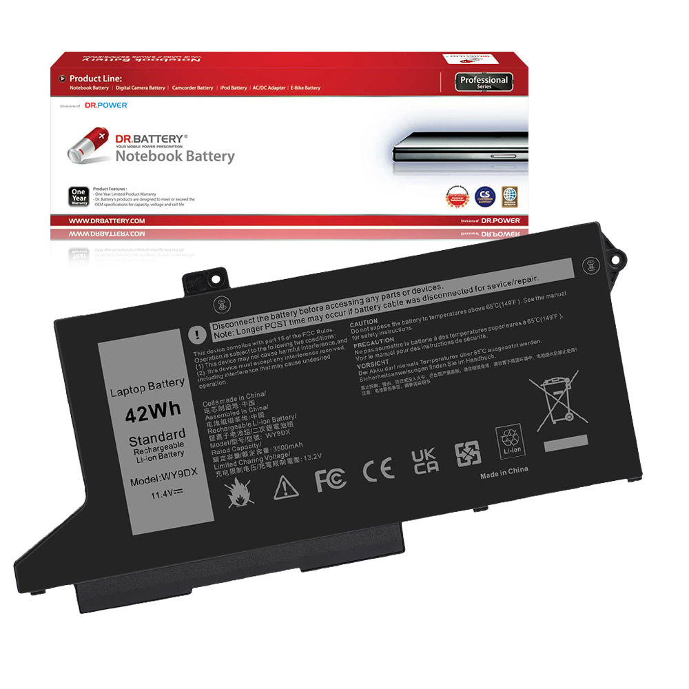 WY9DX replacement battery for Dell P137G and P137G001 with DrBattery packaging