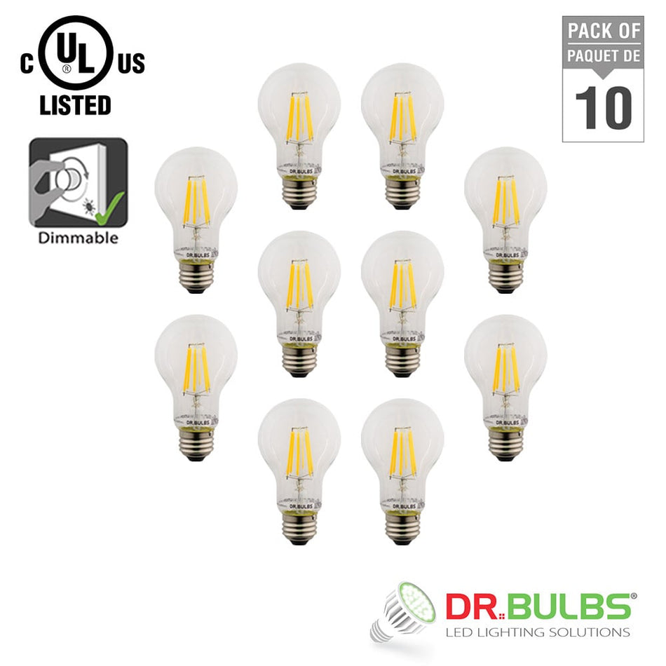 10 Pack Dr.Bulbs A19 8.5W (Replace 60W incandescent) 2700K Warm White Dimmable LED Filament Bulb