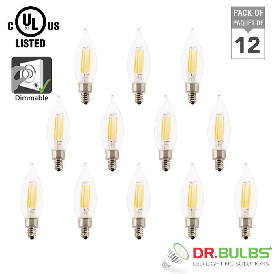 Dr.Bulbs 12-Pack CA10 Flame Tip 5W (40W Equivalent) 2700K Warm White Dimmable LED Filament Candelabra Bulbs