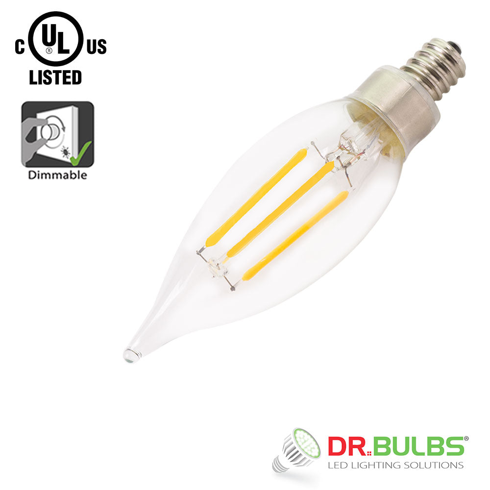 6 Pack Dr.Bulbs CA10 Flame Tip 5W (Replace 40W Incandescent) 2700K Warm White Dimmable LED Filament Candelabra Bulb