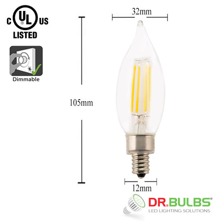 6 Pack Dr.Bulbs CA10 Flame Tip 5W (Replace 40W Incandescent) 2700K Warm White Dimmable LED Filament Candelabra Bulb