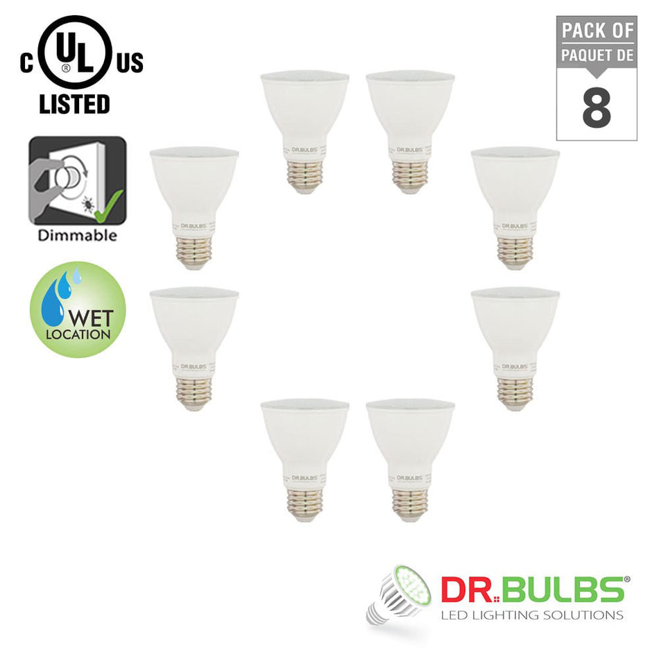 Dr.Bulbs 8-Pack PAR20 7W (50W Equivalent) 3000K Soft White Dimmable LED Bulbs, Wet Location Rated